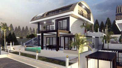  Moderná luxusná vila na predaj v Alanya Bektaş Turecko - výhľad na more APM